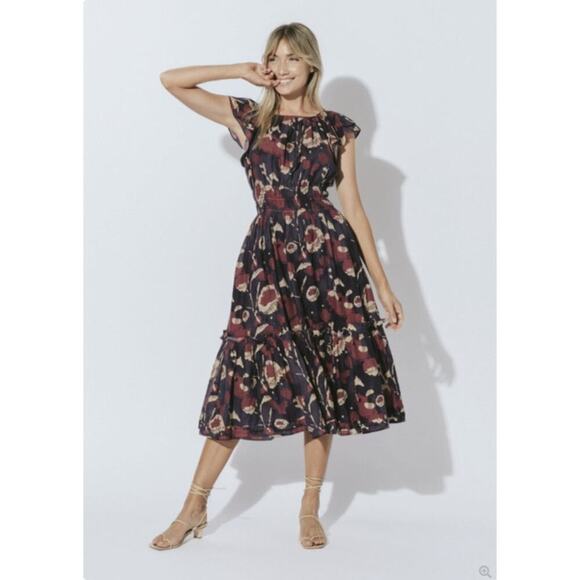 Cleobella Ellison Dress S Purple Floral Print Midi 100% Organic Cotton Smocked - Picture 1 of 12